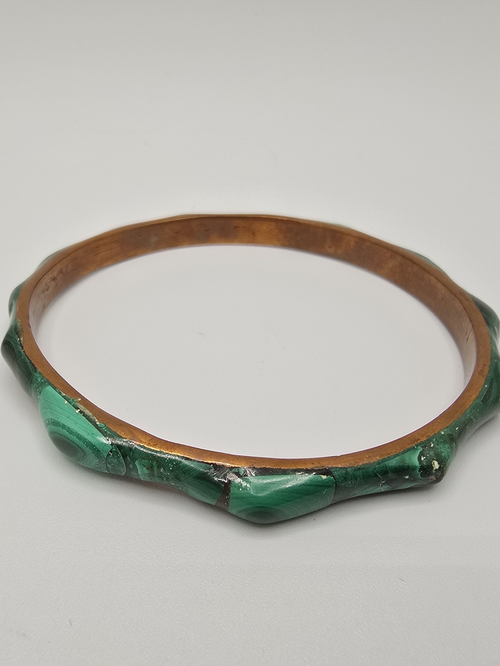 VTG Malachite Copper Bangle Bracelet Green Stone Inlay 8.25" 1970s - Picture 4 of 13